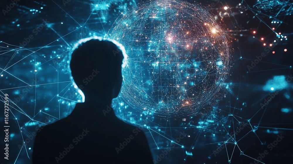 Poster backlit figure views digital network sphere.