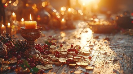 Candlelit table with gold coins, berries, festive decor, sunset glow.