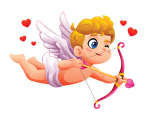 Playful cupid winking and shooting a love arrow while flying. Vector cartoon illustration