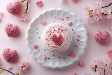 Delicious valentine's day cupcake decorated with pink sweet hearts and flowers