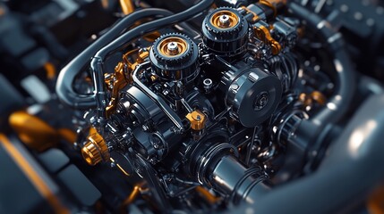 Fototapeta premium A high-performance engine with intricate mechanics exposed in a detailed view.