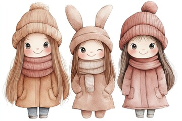 Three cute, cartoon-style girls in winter outfits with hats and scarves.