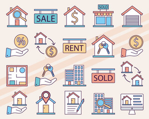 Vector icons related to real estate including houses buildings and property symbols