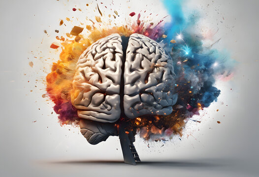 A surreal image depicting a brain exploding like a nuclear mushroom cloud, symbolizing a powerful idea or mental explosion. The scene is dramatic and visually striking.