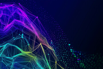 Abstract background with neon lines and colorful dots creating vibrant visual effect. design features blend of purple, blue, and green hues, evoking sense of modernity and technology