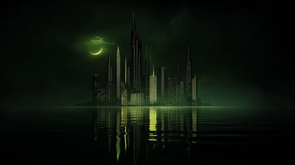 Fototapeta premium Dark futuristic city island at night, crescent moon reflection.