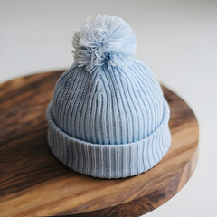 Baby winter blue cap on the wooden table, baby clothing