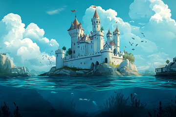 Obraz premium A whimsical castle surrounded by water, featuring lush greenery and vibrant underwater life.