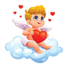 Adorable sitting cupid holding a red heart on a fluffy cloud surrounded by love hearts. Vector cartoon illustration
