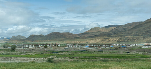 Typical tibetan houses along the road to Sakya Monastery, Shigatse Prefecture, Tibet, China