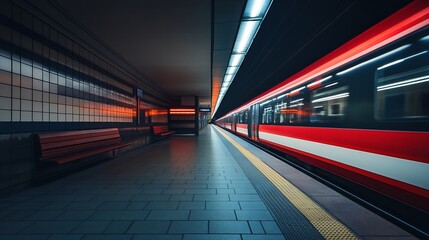 Red train speeds through empty platform.