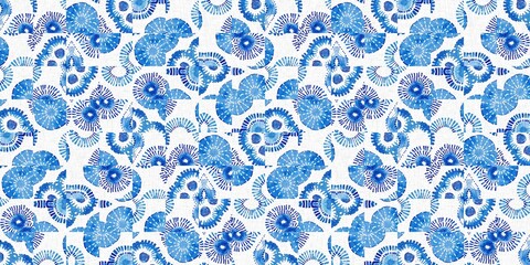 Japanese indigo geometric seamless border. Irregular washed batik hand drawn textile for blue white banner.