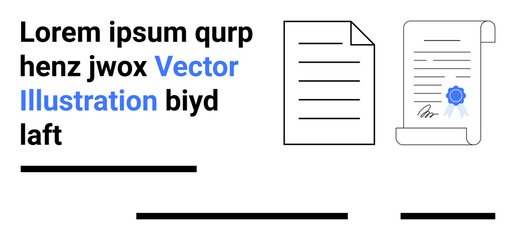 Two documents one plain, one with a blue seal in modern design with placeholder text above and three horizontal lines below. Ideal for websites, presentations, educational tools, business materials