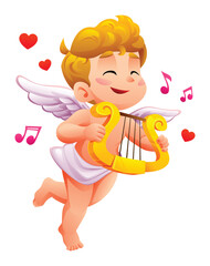 Cute flying cupid smiling while playing a golden harp surrounded by music notes and love hearts. Vector cartoon illustration