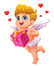Cute cupid holding a pink gift box with golden ribbon surrounded by love hearts. Vector cartoon illustration