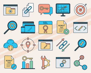 Vector icons related to SEO and digital marketing including search engines keywords and analytics