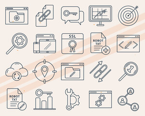 Additional SEO-themed vector icons featuring various search engine and digital marketing elements