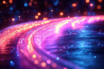 colorful optical fiber cables swirling in neon waves creating an abstract 3d design that symbolizes connectivity and the digital ages vibrancy