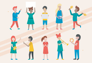 Vector icons representing schoolchildren and children including students backpacks and school supplies