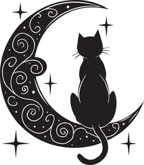A black and white illustration of a cat sitting on a crescent moon © Navila