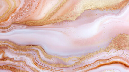 Abstract liquid marble texture with soft pink and gold hues, creating serene and elegant background. Perfect for design projects or artistic expressions