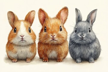 Three adorable cartoon-style rabbits in a row, showcasing their unique fur colors and expressions.