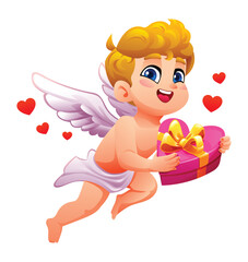 Adorable cupid holding a pink heart shaped gift box surrounded by love hearts. Vector cartoon illustration