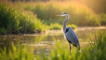 Obraz premium Grey Heron Standing by a Serene Pond at Sunset, Wildlife in Tranquil Wetland