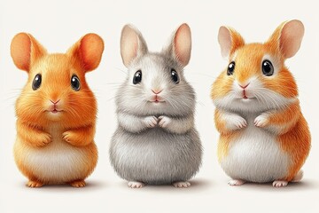 Three adorable cartoon-style hamsters in various colors, standing upright and looking cute.