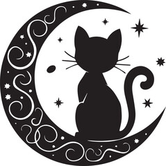 A black and white illustration of a cat sitting on a crescent moon