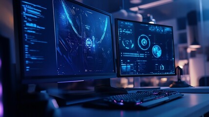 Two monitors showing tech interface.