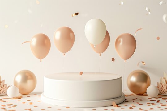 Elegant White Podium with Floating Beige and White Balloons, Golden Confetti, and Metallic Spheres on a Minimalist Neutral Background, Perfect for Luxurious Celebrations, Product Displays, or Festi...