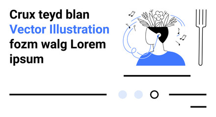 Head surrounded by music notes and flowers, wearing earphones. Fork on the side, abstract text elements. Ideal for music, mindfulness, mental health, creativity, relaxation, botanical themes. Landing