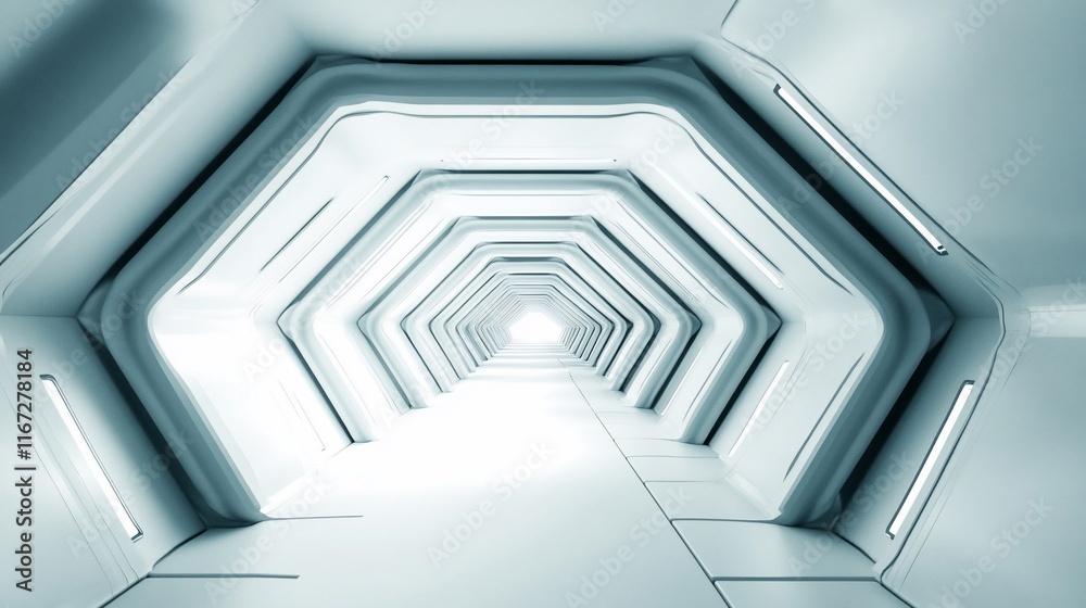 Poster futuristic hexagonal corridor with bright light.