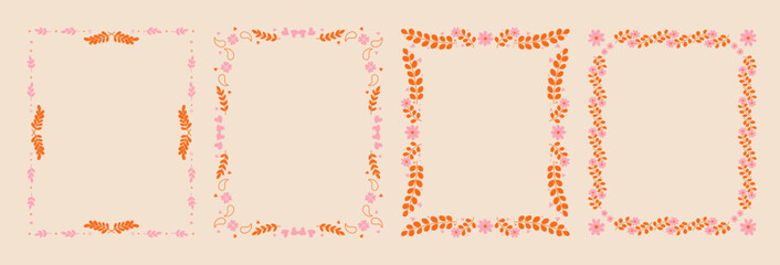 Set of whimsical floral border frames. hand drawn wildflowers and scribble line frame for invitation, valentine or invitation save the date card. Elegant botanical elements.