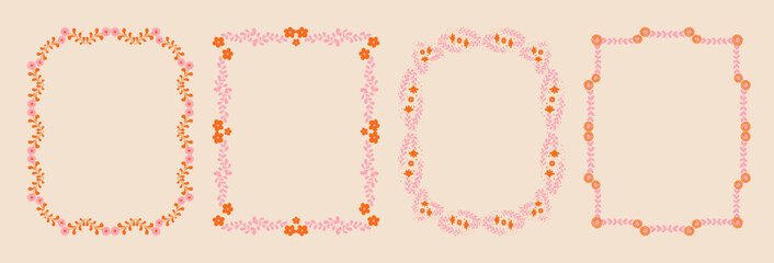Set of whimsical floral border frames. hand drawn wildflowers and scribble line frame for invitation, valentine or invitation save the date card. Elegant botanical elements.