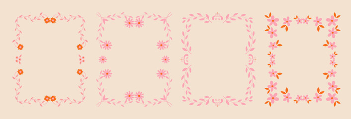 Set of whimsical floral border frames. hand drawn wildflowers and scribble line frame for invitation, valentine or invitation save the date card. Elegant botanical elements.