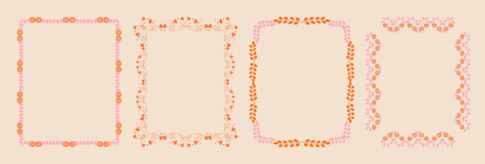 Set of whimsical floral border frames. hand drawn wildflowers and scribble line frame for invitation, valentine or invitation save the date card. Elegant botanical elements.