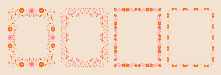 Set of whimsical floral border frames. hand drawn wildflowers and scribble line frame for invitation, valentine or invitation save the date card. Elegant botanical elements.