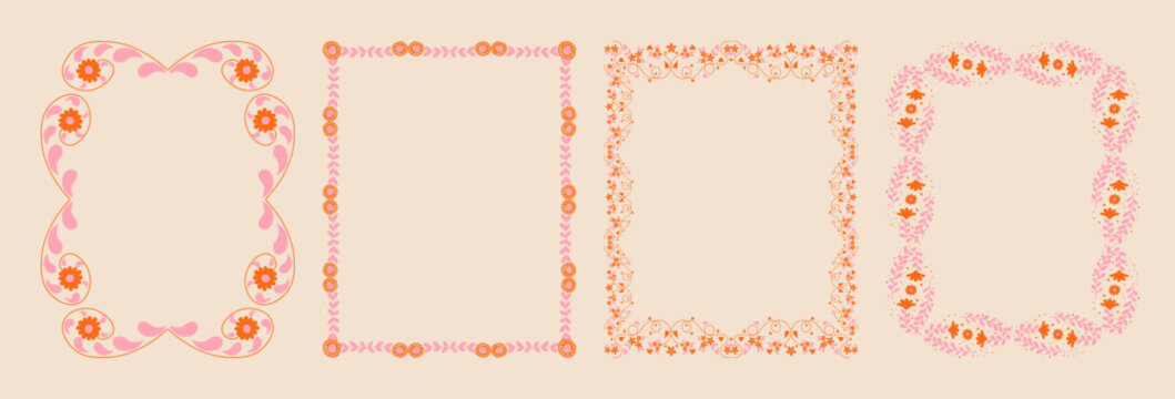 Set of whimsical floral border frames. hand drawn wildflowers and scribble line frame for invitation, valentine or invitation save the date card. Elegant botanical elements.