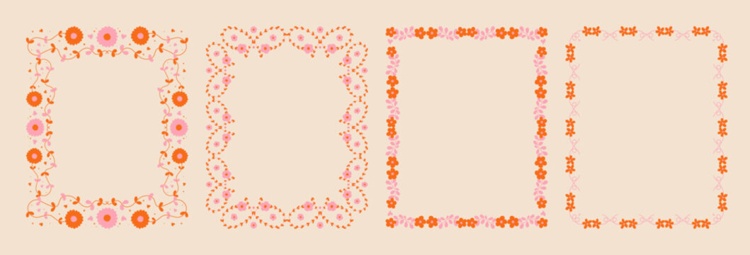 Set of whimsical floral border frames. hand drawn wildflowers and scribble line frame for invitation, valentine or invitation save the date card. Elegant botanical elements.