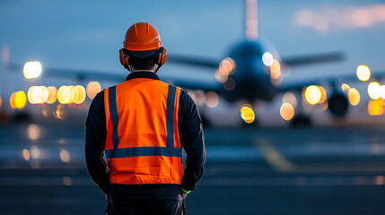 worker in safety vest stands at airport, observing airplane in background. scene captures essence of aviation and safety protocols during twilight