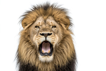 Majestic lion yawning with powerful expression, showcasing its impressive mane and fierce demeanor. This striking image captures essence of wildlife beauty
