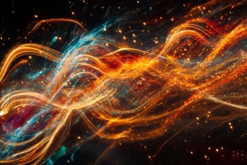 Abstract fiery and icy light trails swirl across a dark background