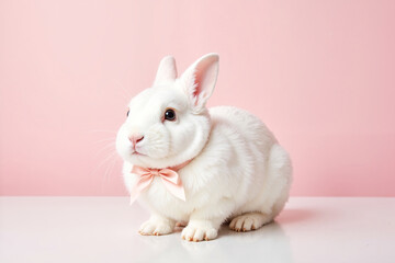 Fototapeta premium Elegant white bunny with silk ribbon on reflective surface, charm. Greeting card or holiday poster for Happy Easter promotion