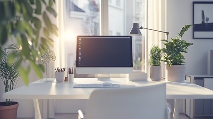 Fototapeta premium A Stylish and Contemporary Office Desk Setup Featuring a Wide