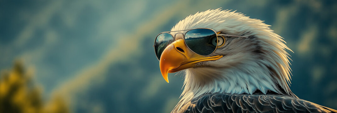 Bald eagle wearing sunglasses with reflections of mountains and sky - Powered by Adobe