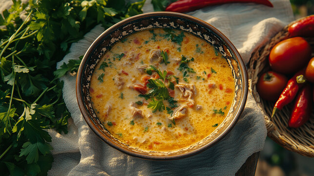 Ciorbă de burtă with parsley and chili served outdoors