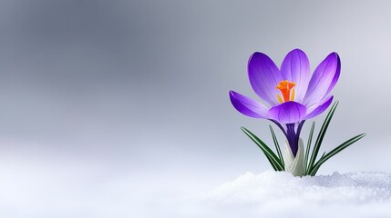 A vibrant purple crocus blooming through the snow.