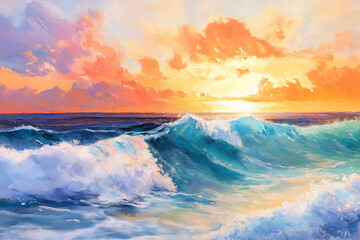 Obraz premium An enchanting ocean scene with vibrant blue waves gently rolling towards the shore, highlighted by white, foamy crests.